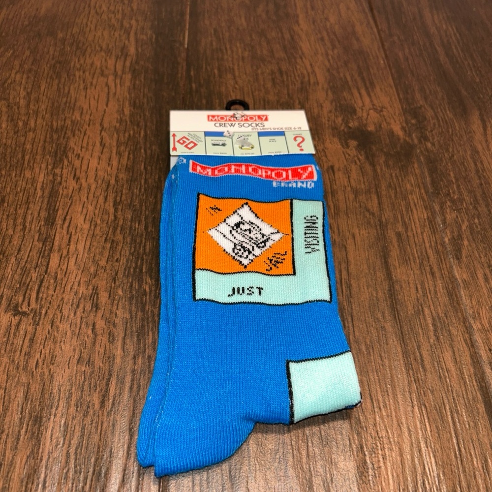 Hasbro Monopoly Gameboard Mens Sz 6-12 Blue Graphic Novelty Crew Socks 1 Pk New